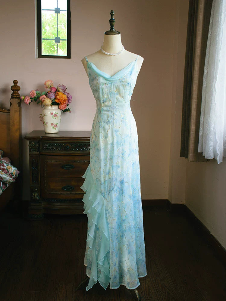 Vintage 1960s A line Spaghetti Straps Light Blue Chiffon Prom Dresses Inspiration Long Party Evening Dress 18th Birthday Outfits AB2386