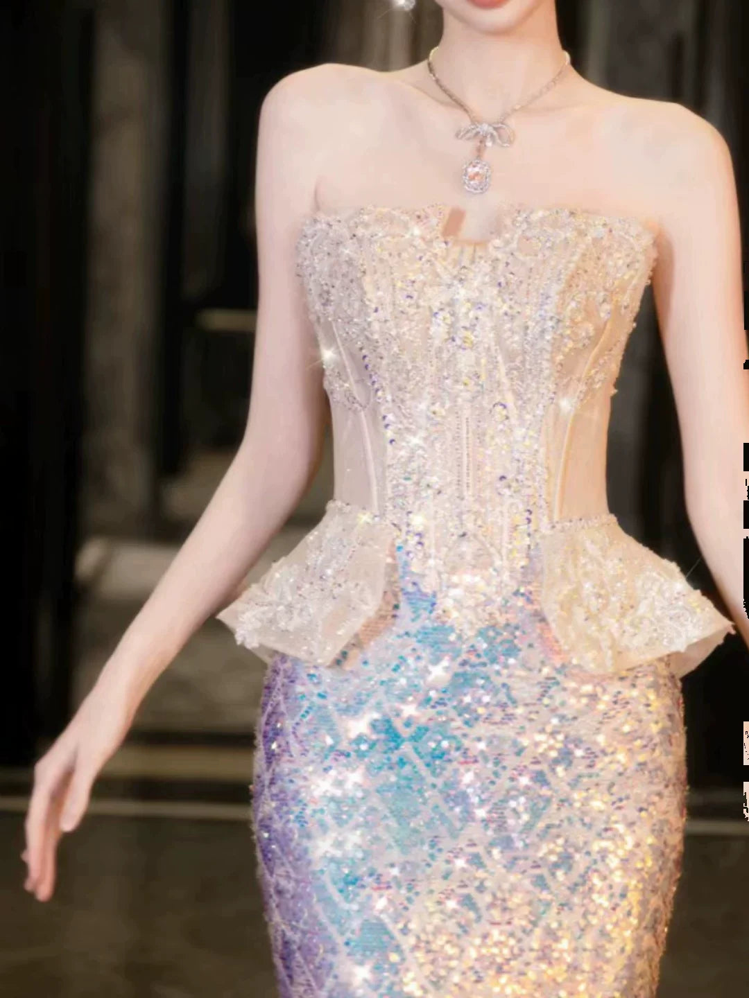 Modest Mermaid Strapless Sequins Champagne Prom Dresses Inspiration Long Party Evening Dress 21st Birthday Outfits AB2291
