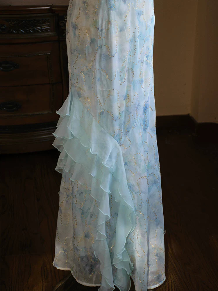 Vintage 1960s A line Spaghetti Straps Light Blue Chiffon Prom Dresses Inspiration Long Party Evening Dress 18th Birthday Outfits AB2386