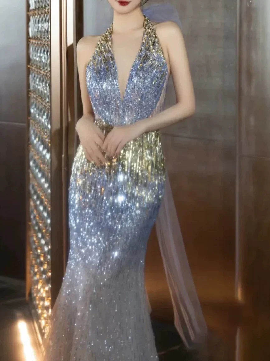 Modest Mermaid Halter Sequins Prom Dresses Inspiration Long Party Evening Dress 19th Birthday Outfits AB2281