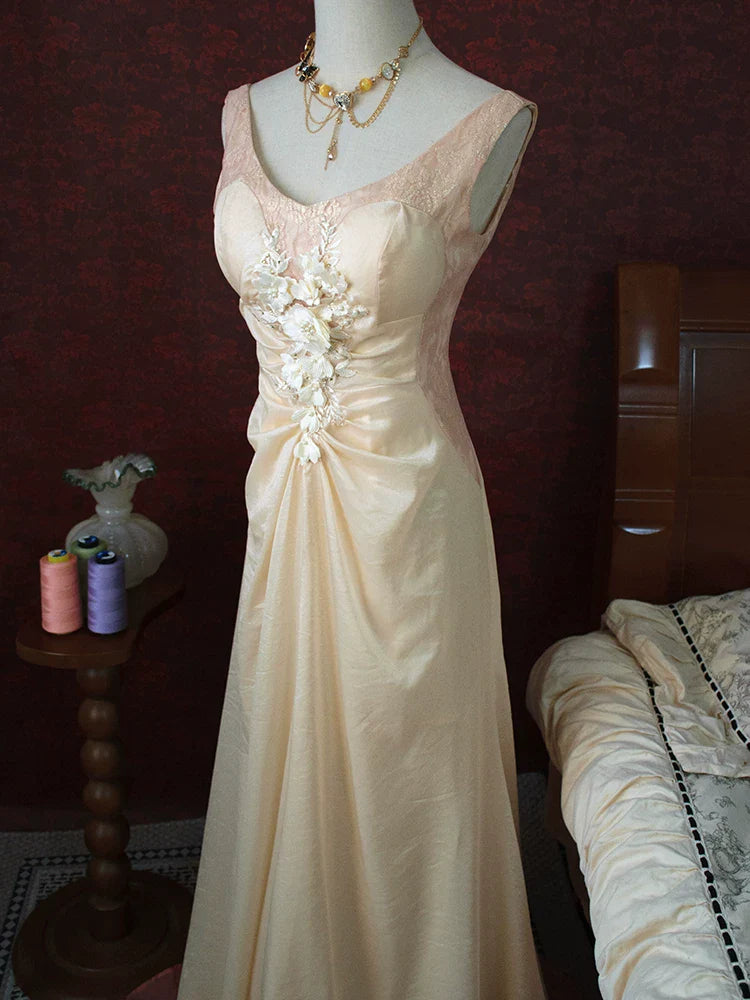 Vintage 1960s Mermaid V Neck Pink With Flowers Lace Prom Dresses Inspiration Long Party Evening Dress 18th Birthday Outfits AB2380