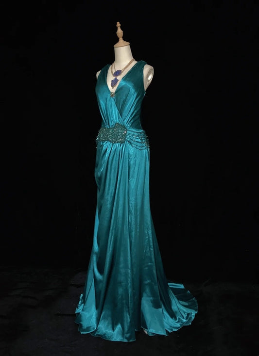 Vintage Prom Dresses Inspo A Line V Neck Blue Satin With Beading For Women Formal Dress N3211