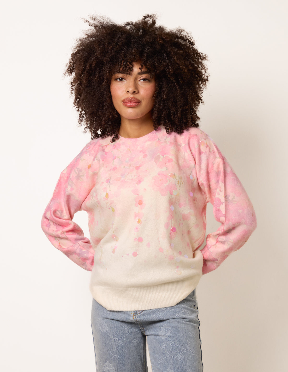 Floral Printed Jumper with Disc Sequin Detailing