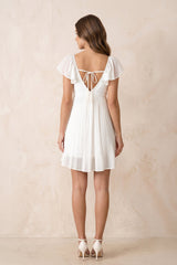 A-Line Ruched Chiffon Cap Sleeves Mini Dress in White