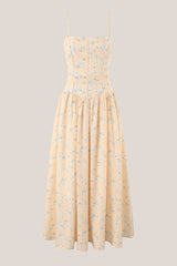 A -Line Square Neck Warm Rose Print Cotton Midi Dress in Yellow