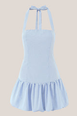 A-Line Vintage Halter Cotton Mini Dress in Blue