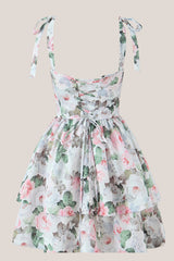 A-line Vintage Rose Printed Lace-up Cotton Mini Dress