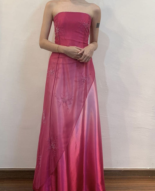 Vintage A Line 90s Strapless Ombre Pink Gradient Colors Formal Dress Long Prom Dresses N2806
