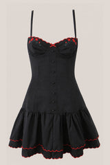 Appliqued Ruffled Sweetheart Cotton Mini Dress in Black