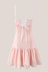 Appliqued Ruffled Sweetheart Cotton Mini Dress in Pink