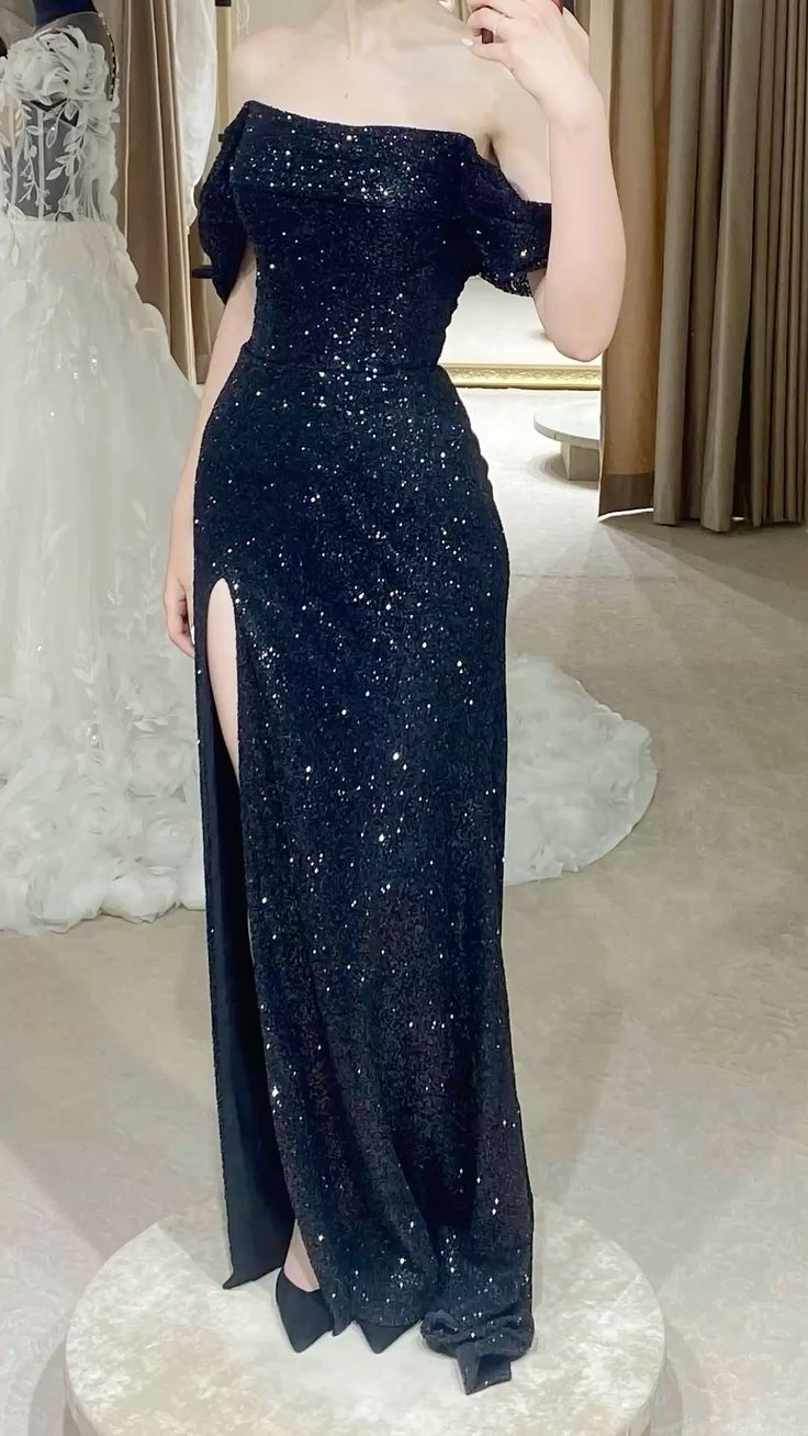 Chic Mermaid Off The Shoulder Navy Blue Sequins Slit With Pleated Short Sleeves Long Party Women Prom Dresses AB1898