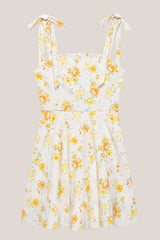 Bow A-Line Warm Rose Print Cotton Mini Dress in Yellow