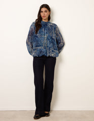 High Neck Paisley Print Puffball Top