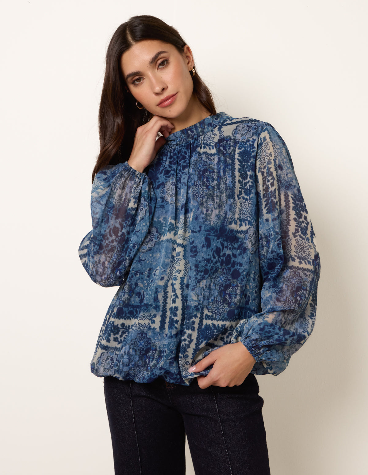 High Neck Paisley Print Puffball Top
