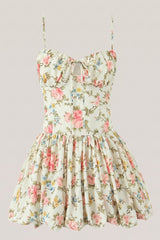 Cotton Spaghetti Straps Warm Rose Print Mini Dress in Pink
