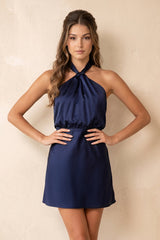Cross Halter Ruched Sheath Mini Dress in Dark Navy