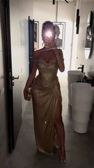 Chic Mermaid Off The Shoulder Sequin Champagne Slit With Short Sleeves Long Party Formal Women Prom Dresses AB1902