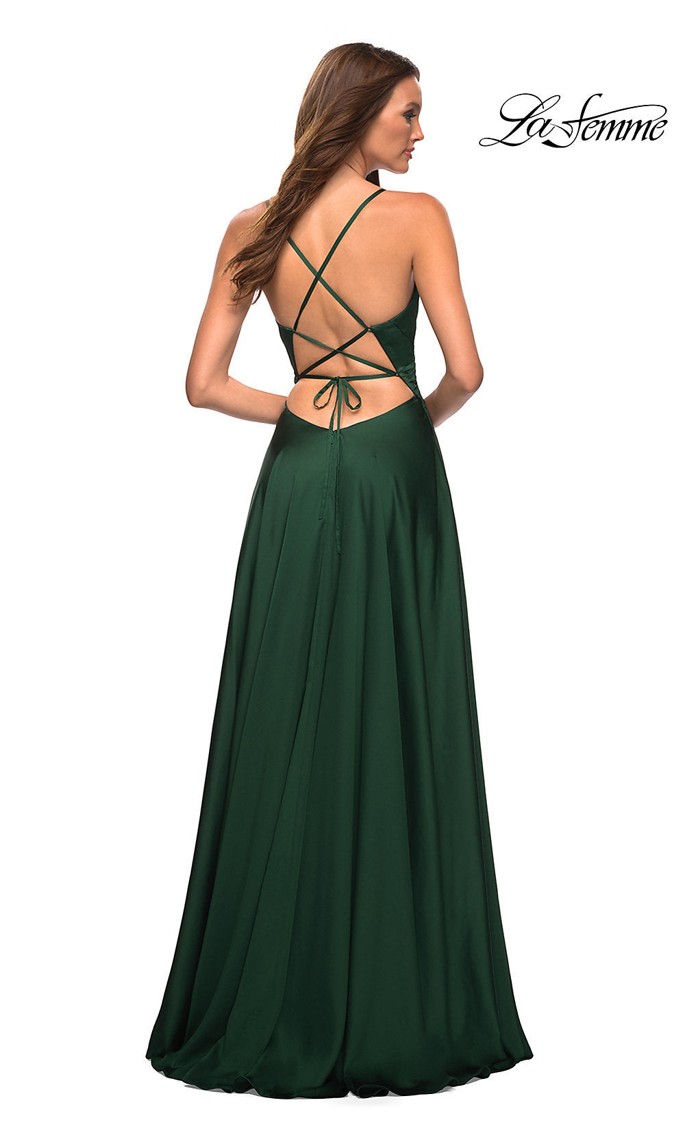 V-Neck A-Line La Femme Long Satin Prom Dress