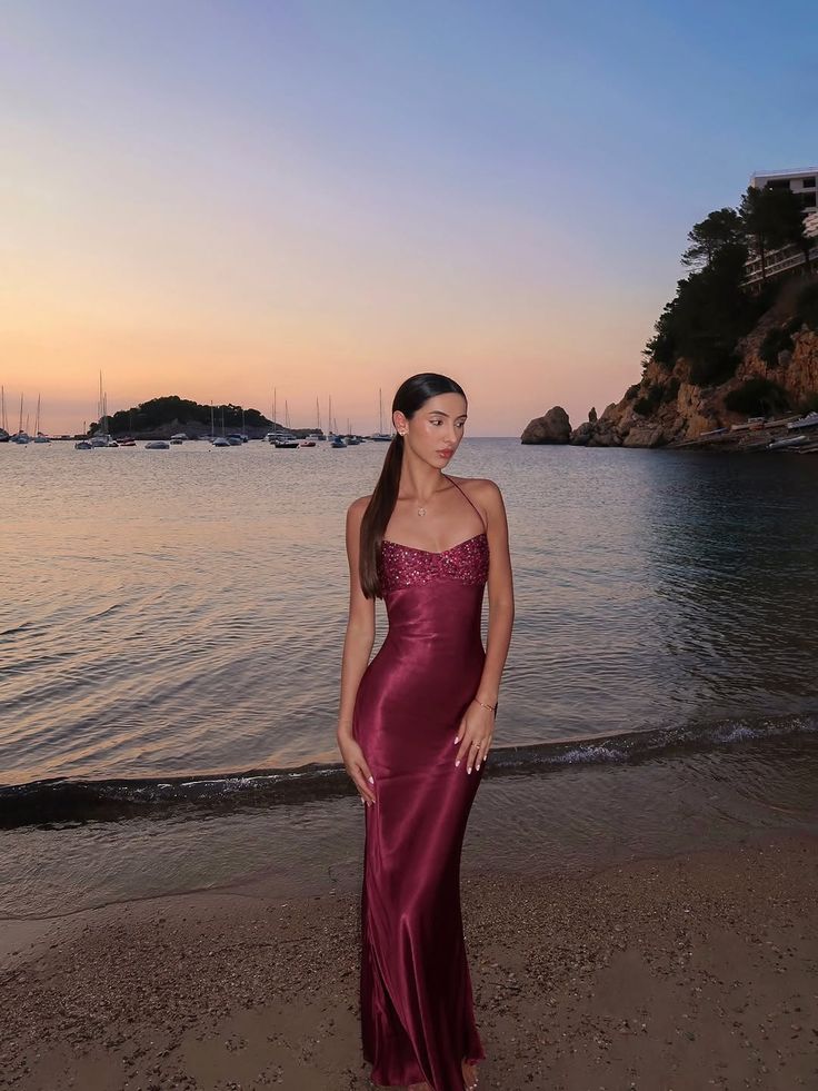 Sexy Mermaid Halter Burgundy With Beaded Inspo Formal Party Gowns Long Prom Dresses AB1745