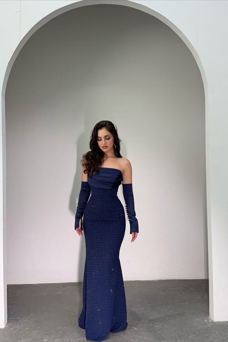 Classy Dark Navy Strapless Mermaid Prom Dress Detachable Sleeves With Beads Zipper Formal Gowns AB1925