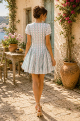 Green Short Sleeves Vintage Rose Printed Cotton Mini Dress