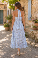 Halter Vintage Rose Printed A-Line Cotton Midi Dress in Blue