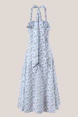 Halter Vintage Rose Printed A-Line Cotton Midi Dress in Blue