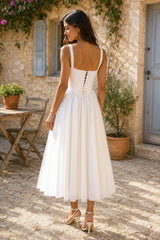 Lace Corset A-Line Cotton Midi Dress in White