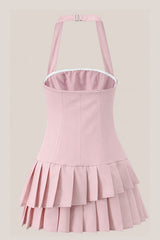 Pleated Halter A-Line Cotton Mini Dress in Pink