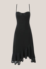 Ruffled A-Line Cotton Midi Dress in Black