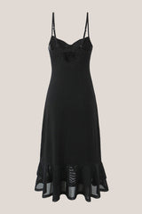 Ruffled A-Line Cotton Midi Dress in Black