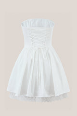 Ruffled A-Line Strapless Cotton Mini Dress in White
