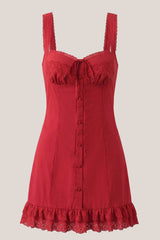 Scoop Neck A-Line Lace Cotton Mini Dress in Red