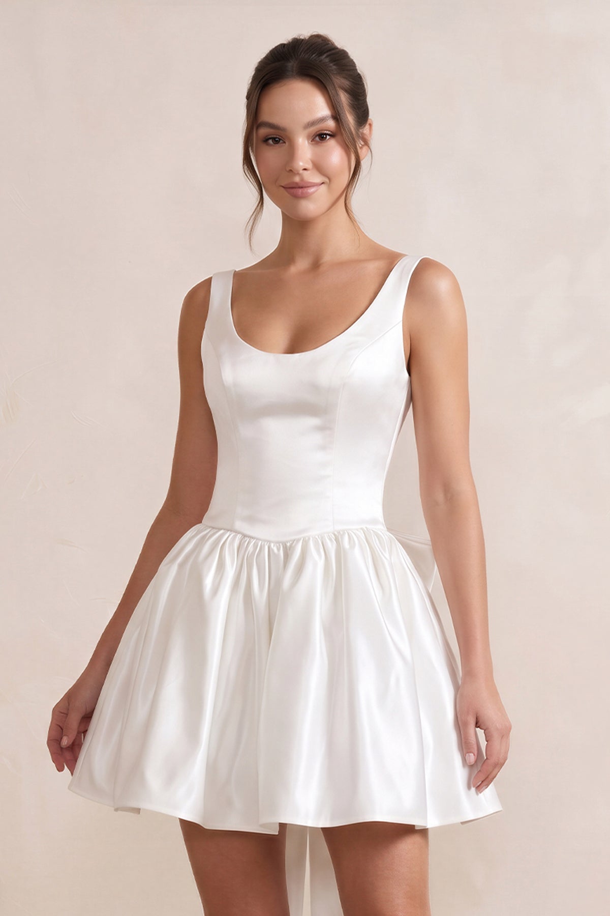 Scoop Neck Bow-Back Mini Dress in Ivory