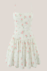 Spaghetti Straps Vintage Rose Printed Cotton Mini Dress in White