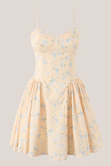 Spaghetti Straps Warm Rose Print Cotton Mini Dress in Yellow