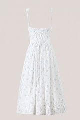 Square Neck Vintage Rose Printed Cotton Midi Dress in White