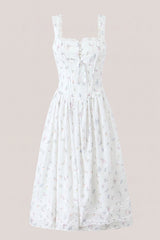 Square Neck Vintage Rose Printed Cotton Midi Dress in White
