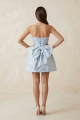 Strapless Jacquard A Line Mini Prom Dress With Bowknot in Sky Blue