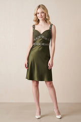 Sweetheart Satin Sheath Mini Dress With Rhinestone in Olive