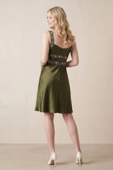 Sweetheart Satin Sheath Mini Dress With Rhinestone in Olive