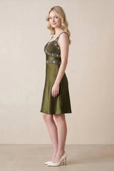 Sweetheart Satin Sheath Mini Dress With Rhinestone in Olive