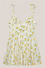 V-Neck A-Line Vintage Rose Printed Cotton Mini Dress in Yellow