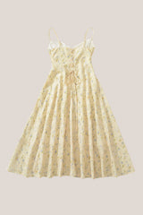 V-Neck A-Line Warm Rose Print Cotton Midi Dress in Yellow
