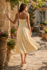 V-Neck A-Line Warm Rose Print Cotton Midi Dress in Yellow