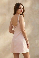 V Neck Beaded Mini Dress With Bow in Pink