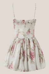 Vintage A-Line Square Rose Printed Cotton Mini Dress