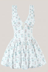 Vintage A-Line V-Neck Printed Cotton Mini Dress in White