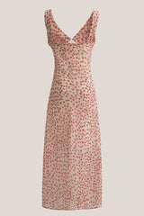 Vintage Flower V-Neck Printed Cotton Midi Dress in Red