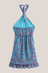 Vintage Halter Sheath Printed Cotton Mini Dress in Blue